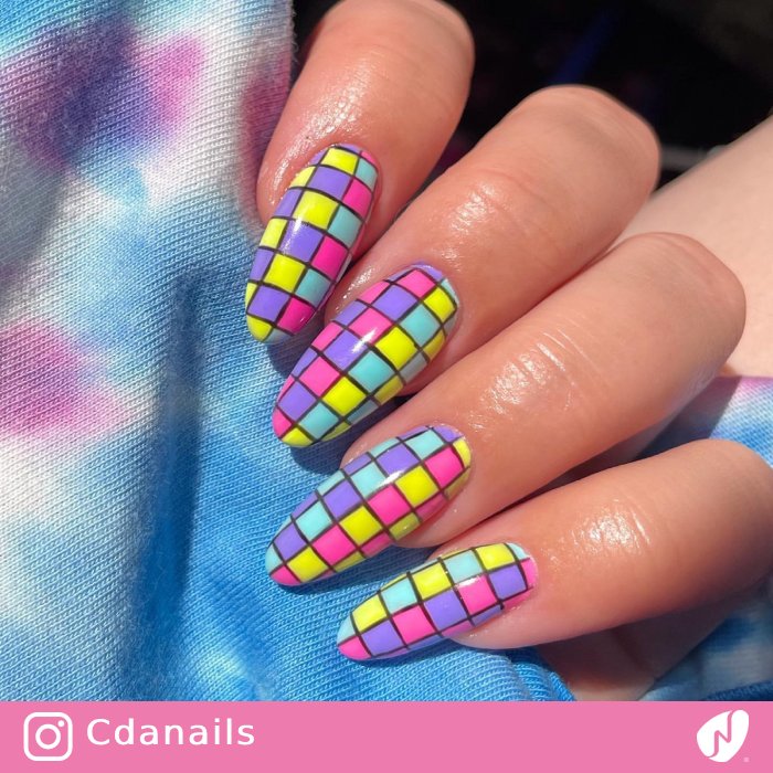 Pastel Neon Checkered Nails